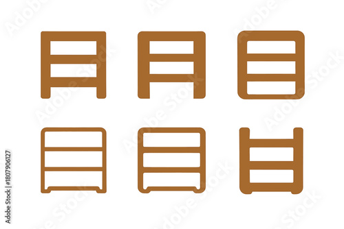 Modern Bookshelf Icons. A modern bookshelf with clean lines and a wood finish. Icon set. Set Logo of A modern bookshelf with clean lines and a wood finish: