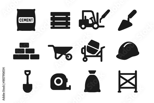 Construction Tools Icons. Building Materials Stack. Solid icon set of Building Materials Stack: cement bag, bricks, pallet, trowel, forklift, wheelbarrow,