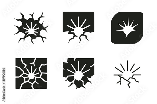 Breaking Stereotypes Icons. Breaking stereotypes. Icon set. Set Logo of Breaking stereotypes: shattered wall with light beams. harmonious logo variations of