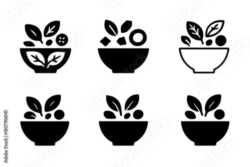 Salad Bowl Logos. Salad bowl. Icon set. Set Logo of salad bowl: abstract emblem of nourishment and wellness. harmonious logo variations of the same emblematic