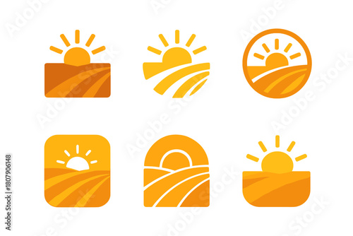 Golden Hour Logos. Photography of landscapes during golden hour. Icon set. Set Logo of Photography of landscapes during golden hour: camera with sun rays.