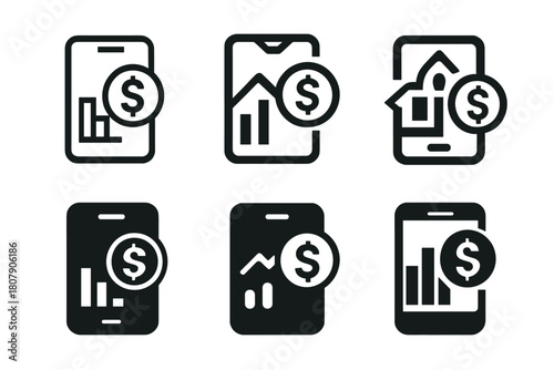 Finance App Icons. Managing finances with an app. Icon set. Set Logo of managing finances with an app: credit card and analytics chart. harmonious logo