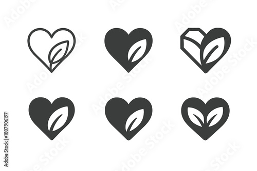 Healthy Aging Icons. Healthy aging. Icon set. Set Logo of healthy aging: heart and leaf. harmonious logo variations of the same emblematic concept, each with