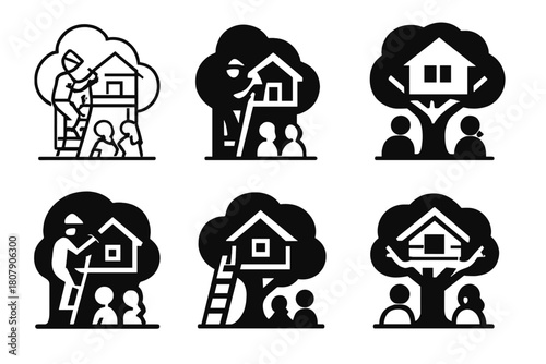Backyard Play Logos. A Family Building a Treehouse or Playhouse in the Backyard. Icon set. Set Logo of Backyard Play: Treehouse Construction. harmonious logo