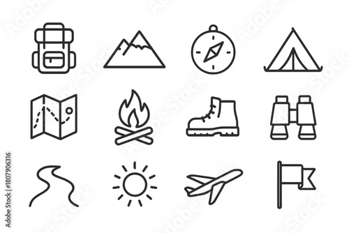 Adventure Icon Set. Adventure Travel. Solid icon set of Adventure Travel: backpack, compass, map, mountain, rope, hiking boots, river, tent, flashlight,