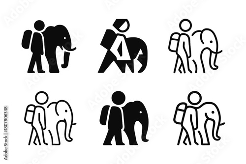 Ethical Travel Icons. Socially responsible travel. Icon set. Set Logo of socially responsible travel: ethical wildlife tourism. harmonious logo variations of