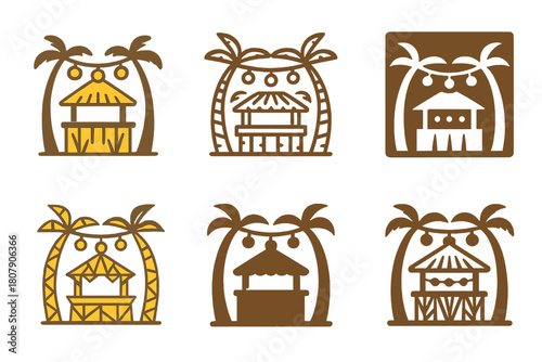 Tiki Bar Logo Set. Tropical tiki bar setup and decoration. Icon set. Set Logo of Tropical tiki bar setup and decoration: hanging string lights. harmonious logo