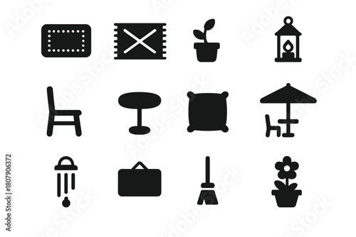 Outdoor Entrance Icons. Outdoor entrance. Solid icon set of Outdoor entrance: doormat, outdoor rug, potted plant, lantern, chair, table, cushion, flower pot,