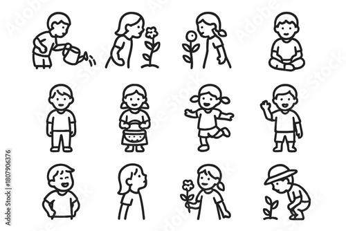 Children in Garden Icons. Children in garden. Line icon set of Children in garden: child watering plant, child smelling flower, child picking fruit, child