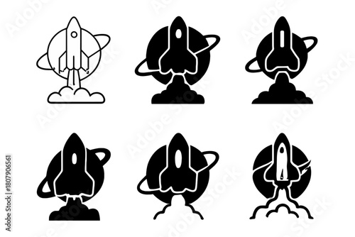Space Exploration Logos. Human Exploration of the Outer Solar System with Advanced Spacecraft. Icon set. Set Logo of Space Exploration: Interplanetary Travel.