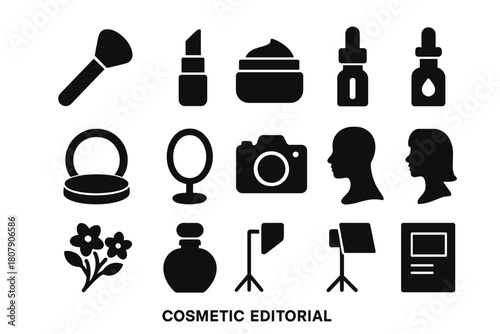 Cosmetic Icon Grid. Cosmetic Editorial. Solid icon set of Cosmetic Editorial: makeup brush, lipstick, face cream, serum bottle, compact powder, mirror, camera,