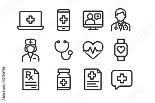 Digital Healthcare Icons. Digital healthcare. Line icon set of digital healthcare: laptop, smartphone, video call, doctor, nurse, stethoscope, heart monitor,
