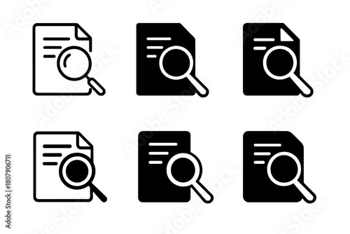 Investigative Reporting Icons. Investigative reporting. Icon set. Set Logo of investigative reporting: magnifying glass over document. harmonious