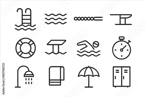 Swimming Pool Icons. Swimming pool. Line icon set of swimming pool: pool ladder, water waves, lane rope, diving board, lifebuoy, starting block, swimmer,