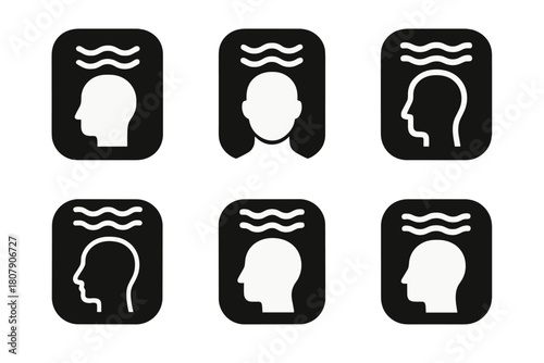 Overactive Mind Logos. Overactive mind in a peaceful, dark room. Icon set. Set Logo of overactive mind in a peaceful, dark room: dark room with glowing aura.