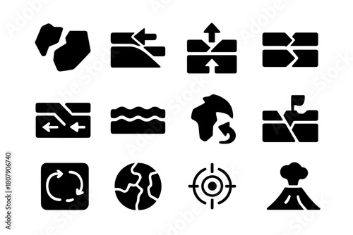 Tectonic Plate Icons. Plate tectonics. Solid icon set of Plate tectonics: tectonic plates, subduction zone, divergent boundary, convergent boundary, transform