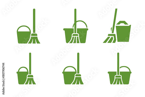 Non-toxic Cleaning Icons. Non-toxic household cleaning solutions. Icon set. Set Logo of Non-toxic household cleaning solutions: green mop and bucket.