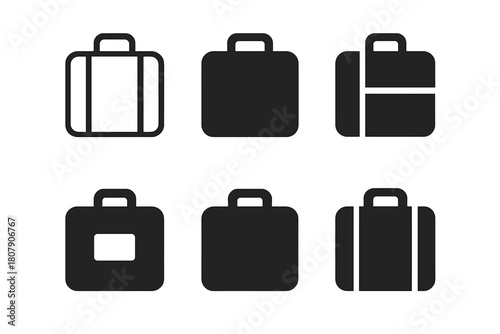 Vintage Suitcase Icons. Vintage travel. Icon set. Set Logo of Suitcase: Classic travel bag. Minimal outline, Filled silhouette, Abstract geometric, Negative