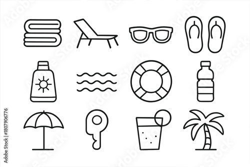 Poolside Essentials Icons. Pool towels. Line icon set of pool towels: folded towel, pool chair, sunglasses, flip-flops, sunscreen, wave icon, lifebuoy, water