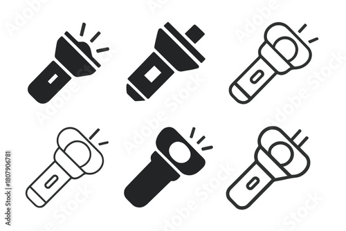 Flashlight Logo Variations. How a flashlight works. Icon set. Set Logo of flashlight structure: handheld torch. harmonious logo variations of the