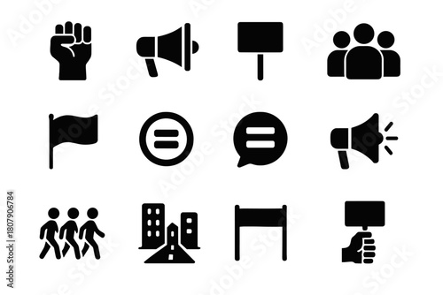 Political Protest Icons. Political protest. Solid icon set of Political protest: raised fist, megaphone, protest sign, crowd, flag wave, equality symbol, chant