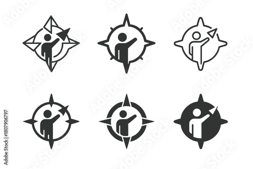Micro-Mentorship Logo Set. Micro-mentorship moments. Icon set. Set Logo of micro-mentorship moments: guidance compass. harmonious logo variations of the same