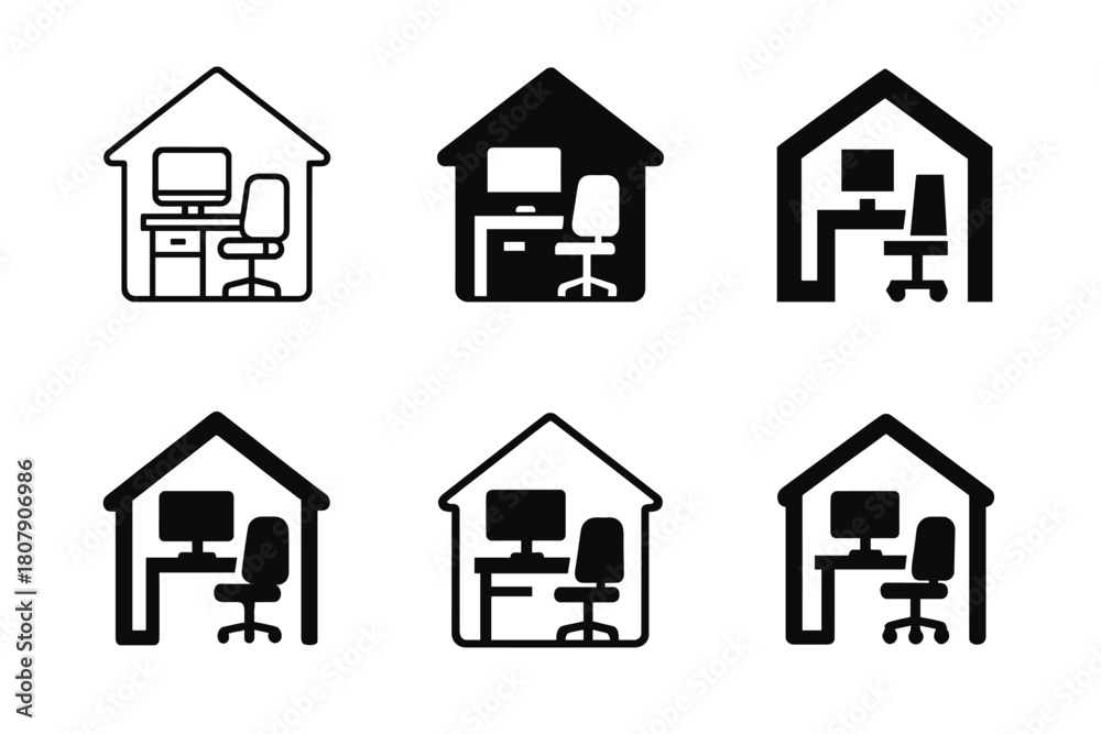 Fototapeta premium Hybrid Work Icons. Remote and hybrid workplaces. Icon set. Set Logo of Remote and hybrid workplaces: home office desk setup. harmonious logo variations of the