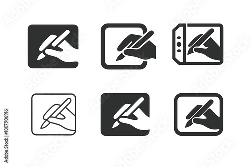 Creativity Icon Set. creativity online. Icon set. Set Logo of creativity online: artist hand with stylus on tablet. harmonious logo variations of the same
