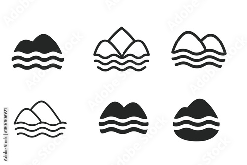 Flooded Valley Logos. Flooded valley. Icon set. Set Logo of flooded valley: house surrounded by rising water. harmonious logo variations of the same emblematic