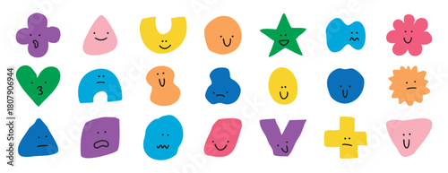 Hand drawn geometric shapes with wobbly edges smiley faces and abstract characters. Hand drawn.
