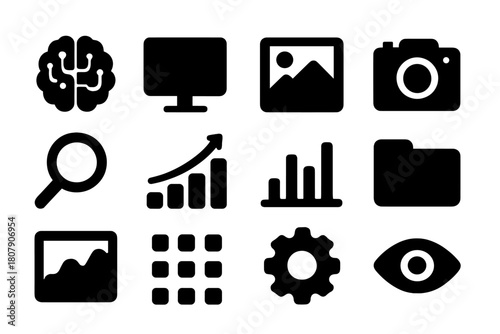 AI Imaging Icons. AI Imaging. Solid icon set of AI Imaging: AI brain, computer monitor, photo, camera, magnifying glass, chart, histogram, folder, data graph,