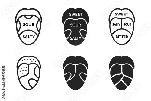 Taste Sensation Icons. How we taste food. Icon set. Set Logo of how we taste food: brain and tongue connection. harmonious logo variations of the