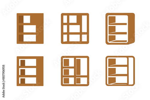 Modern Bookshelf Logos. A modern bookshelf with clean lines and a wood finish. Icon set. Set Logo of A modern bookshelf with clean lines and a wood finish:
