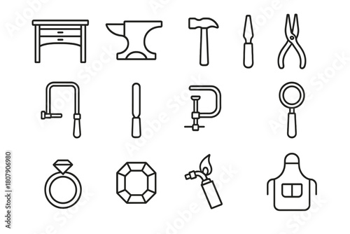 Jeweler's Tools Icons. Jeweler?s Bench. Line icon set of Jeweler?s Bench: workbench, anvil, hammer, pliers, saw, file, clamp, magnifying glass, ring, gemstone,