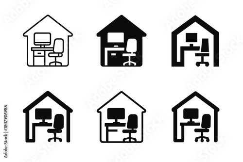 Hybrid Work Icons. Remote and hybrid workplaces. Icon set. Set Logo of Remote and hybrid workplaces: home office desk setup. harmonious logo variations of the