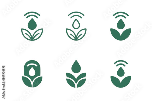 AgriTech Logo Set. Startups in agriculture technology. Icon set. Set Logo of Startups in agriculture technology: smart irrigation sensor with water droplet