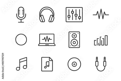 Music Recording Icons. Music Recording. Line icon set of Music Recording: microphone, headphones, mixing console, sound wave, recording button, laptop,