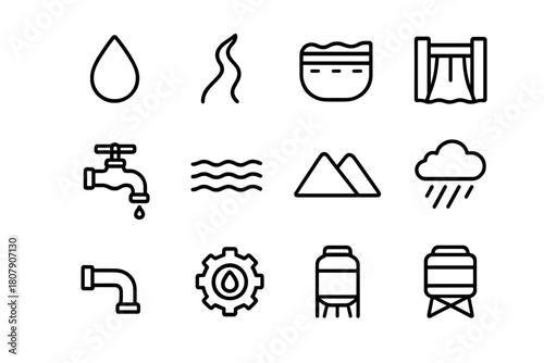 Water Resource Icons. Water resources. Line icon set of water resources: droplet, river, reservoir, dam, faucet, waves, mountain, cloud, rain, pipe, gear,