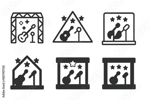 Nightlife Icon Set. Nightlife. Icon set. Set Logo of Nightlife: Live music stage. harmonious logo variations of the same emblematic concept, each