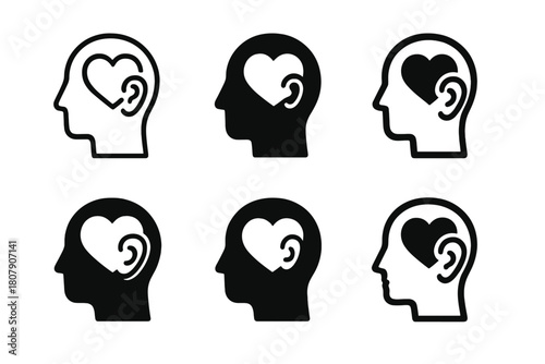Compassionate Listening Logos. Compassionate Listening. Icon set. Set Logo of Compassionate Listening: Mind-Heart Connection. harmonious logo variations of the