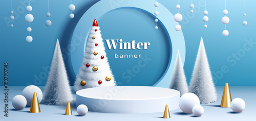 Winter holiday banner with abstract christmas trees and ornaments in blue setting
