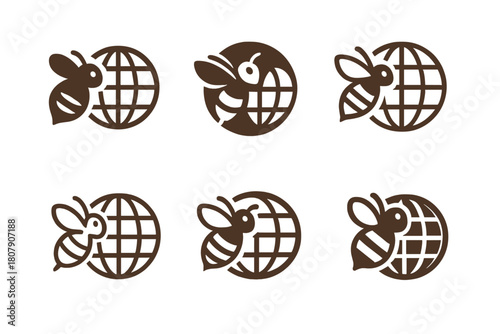 Bee Pollination Logos. The role of bees in pollination. Icon set. Set Logo of pollination: bee and pollen grains. harmonious logo variations of the same