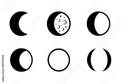 Moon Phase Icons. Moon phases. Icon set. Set Logo of moon phases: crescent-to-full sequence along a curved path. harmonious logo variations of the same