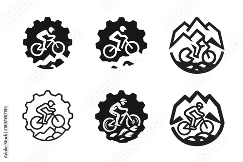 Mountain Biking Icons. Mountain biking. Line icon set of mountain biking: mountain bike, uphill trail, downhill trail, biker helmet, water bottle, chain,
