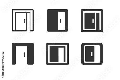 Sliding Door Icons. Sliding doors. Icon set. Set Logo of sliding doors: pocket door disappearing into wall cavity. harmonious logo variations of the same