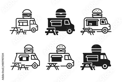 Food Truck Logos. Food truck street parties. Icon set. Set Logo of food truck street parties: barbecue grill beside open truck window. harmonious