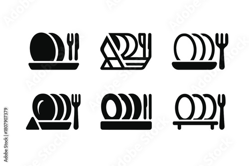 Kitchen Logo Variations. Organizing the kitchen after dinner. Icon set. Set Logo of kitchen organization: stacked clean dishes. harmonious logo variations of