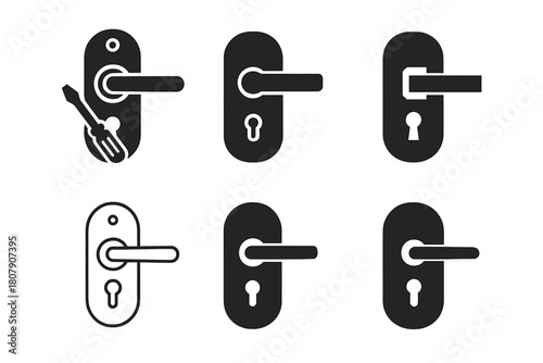 Door Hardware Icons. Replacing door hardware (knob or handle). Icon set. Set Logo of replacing door hardware (knob or handle): handle and key silhouette on