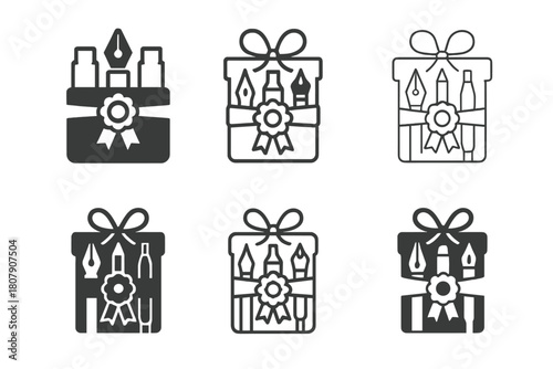 Hobby Gift Emblems. Hobby-related gifts. Icon set. Set Logo of Hobby-related gifts: baking whisk and rolling pin with gift ribbon. harmonious logo variations