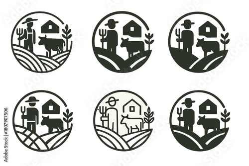 Sustainable Farm Logos. Family farm life and traditional agricultural practices. Icon set. Set Logo of sustainable farming: circular cycle of crops and